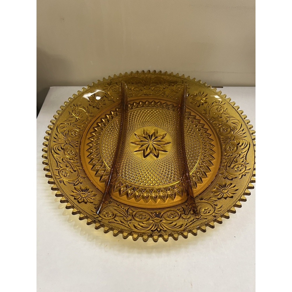 Vtg Tiara Indiana Sandwich Pattern Amber Round Divided Vegetable Platter (897) - Picture 2 of 10